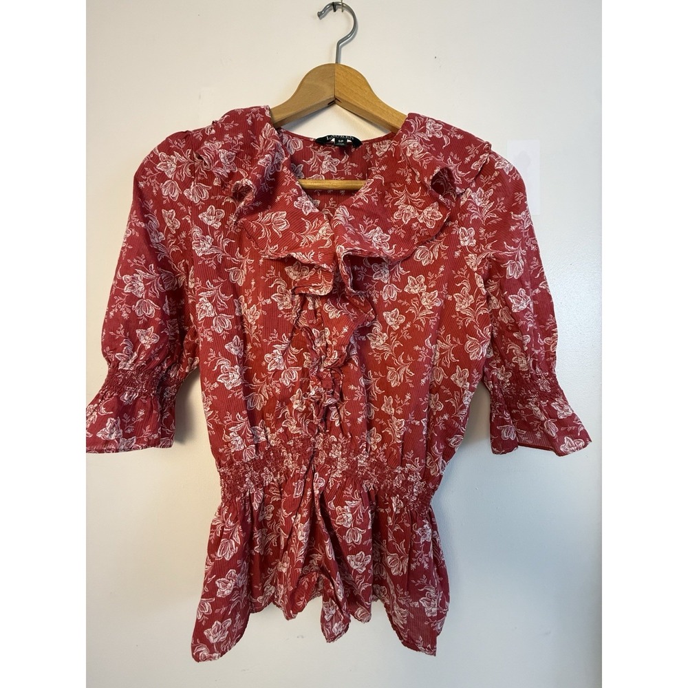 Lauren Ralph Lauren Floral Ruffle Peplum Blouse Red White Cotton Size Small